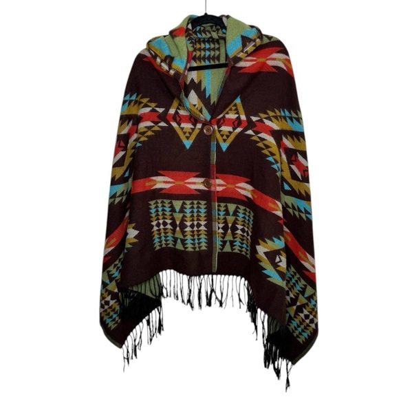 Womens woven Aztec hooded one sized fits most fringe hem poncho costal western - Picture 2 of 9